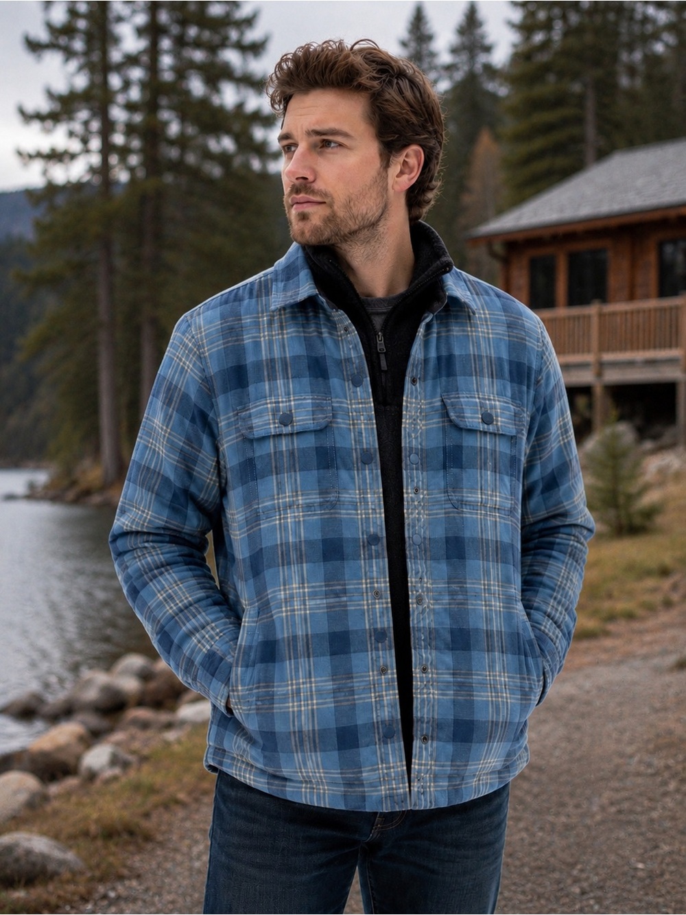 L.L.Bean Blue Plaid Fleece-Lined Shirt Jacket Unisex Size Small Snap Front